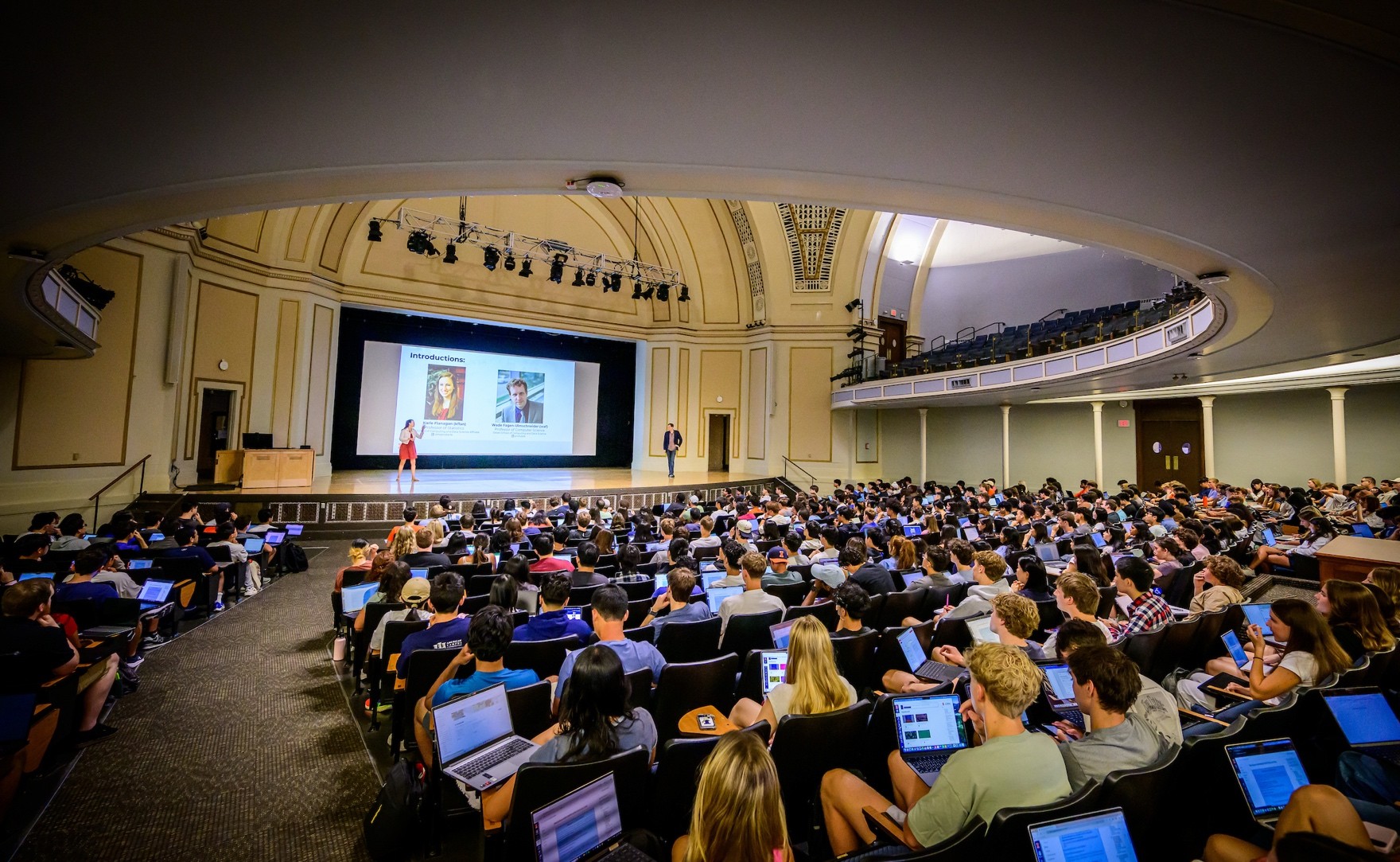 Prof. Karle Flanagan and Prof. Wade Fagen-Ulmschneider teaching Data Science DISCOVERY in Foellinger Auditorium at The University of Illinois