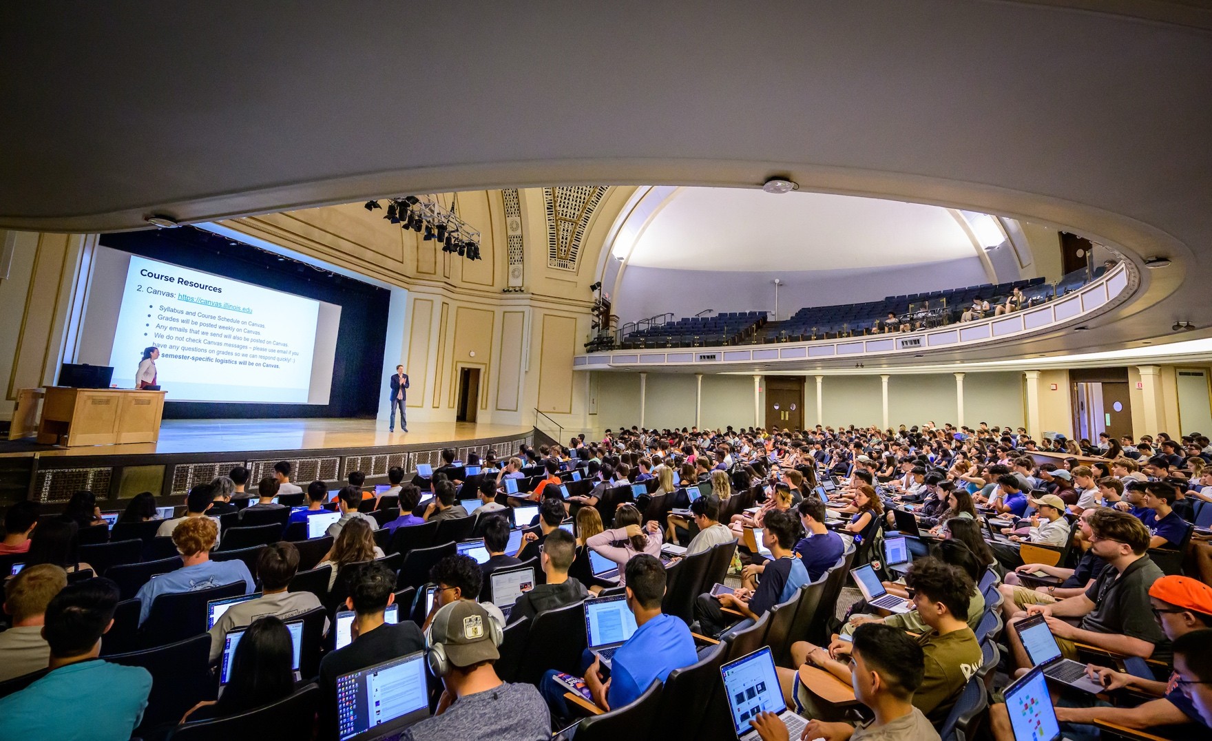 Prof. Karle Flanagan and Prof. Wade Fagen-Ulmschneider teaching Data Science DISCOVERY in Foellinger Auditorium at The University of Illinois
